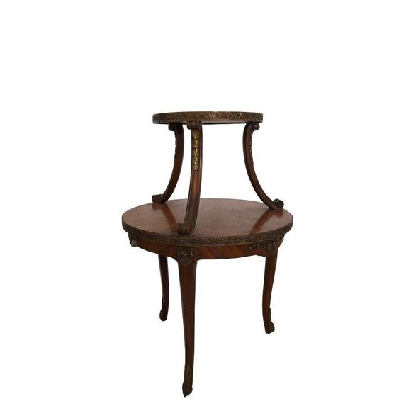 Antique French Two-Tier Stand Etagere Orante Metal Trim Gilded Wood Decorations - Picture 1 of 8
